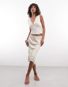 Monki Monki satin look lace midi skirt in beige-Neutral