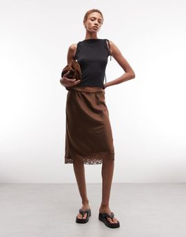 Monki Monki satin look lace midi skirt in brown