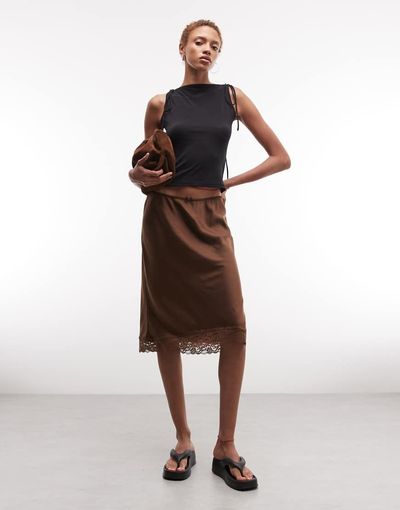 Monki Monki satin look lace midi skirt in brown