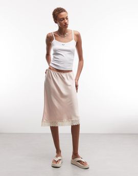 Monki Monki satin look lace midi skirt in dusty pink