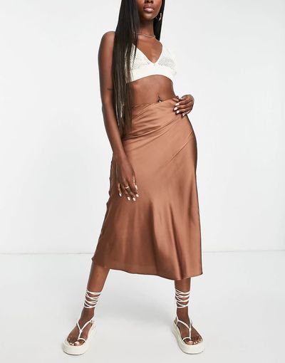 Monki Monki satin maxi skirt in brown