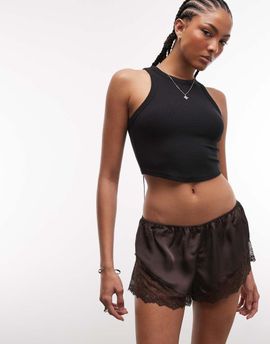 Monki Monki satin shorts with lace trim in chocolate brown - part of a set