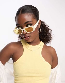 Monki Monki small rectangle sunglasses in cream with yellow tinted lenses-White