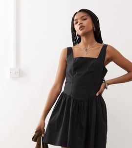 Monki Monki square neck cotton mini dress with drop waist in black