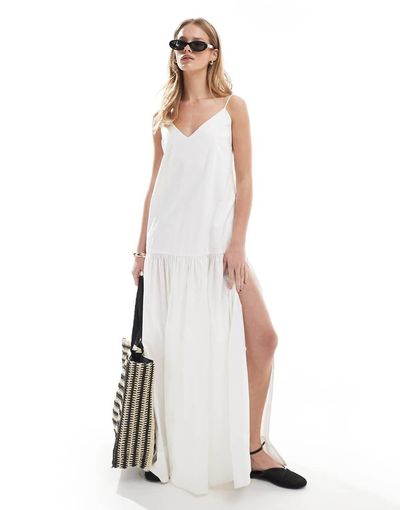Monki Tiered Floaty Maxi Dress With Low Tie Back Detail In White