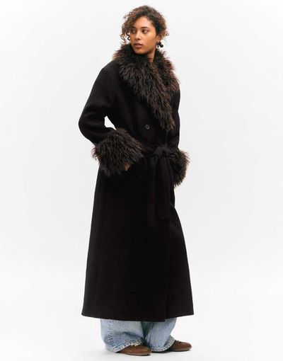 Monki Monki wool look belted maxi coat with faux fur collar and cuffs detailing in black and brown