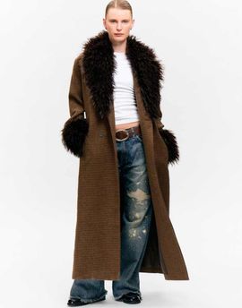 Monki Monki wool look belted maxi coat with faux fur collar and cuffs detailing in brown gingham