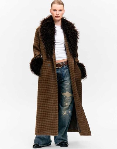 Monki Monki wool look belted maxi coat with faux fur collar and cuffs detailing in brown gingham