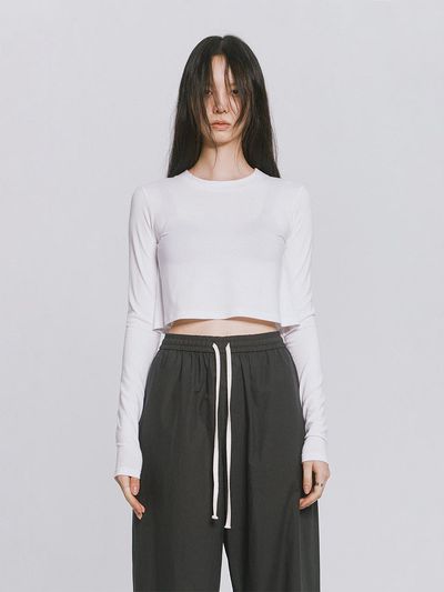 MONOPHOBIA Modal Long Sleeve Bell Crop T-Shirt [Beige]