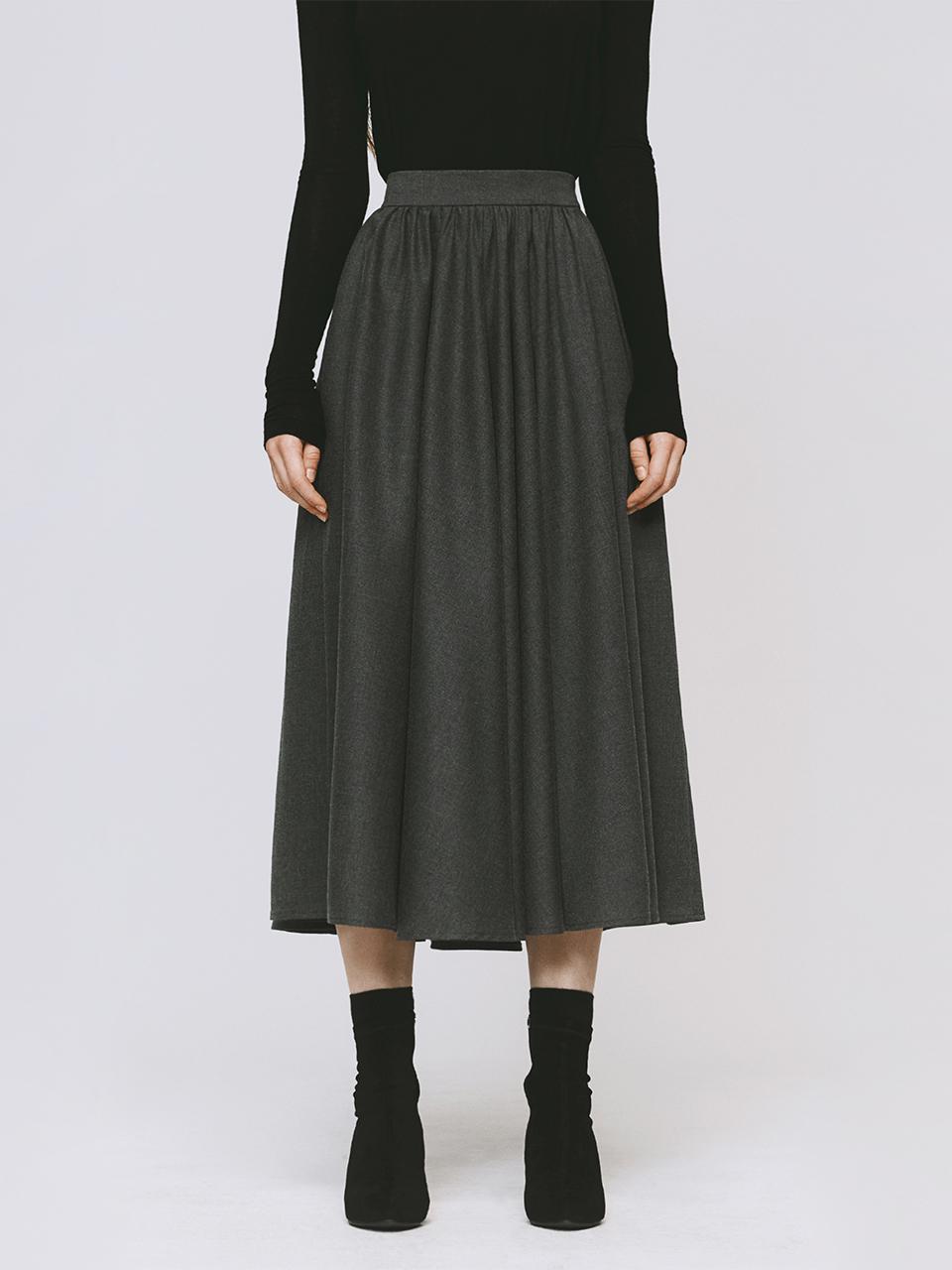 MONOPHOBIA Shirring Flared Midi Skirt [Grey]