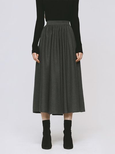 MONOPHOBIA Shirring Flared Midi Skirt [Grey]