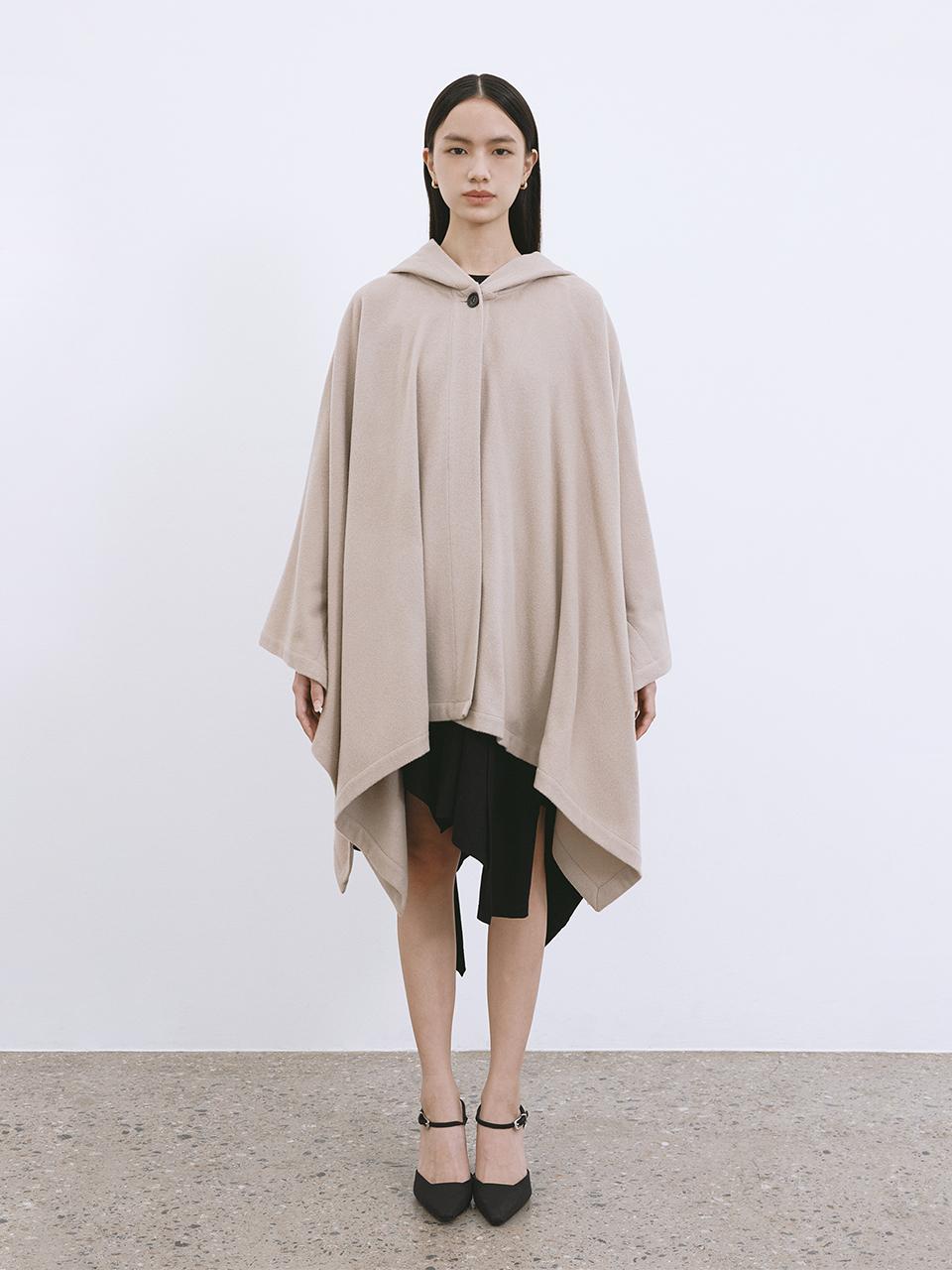 MONOPHOBIA Square Cutting Merino Wool Hooded Oversized Coat [Beige]