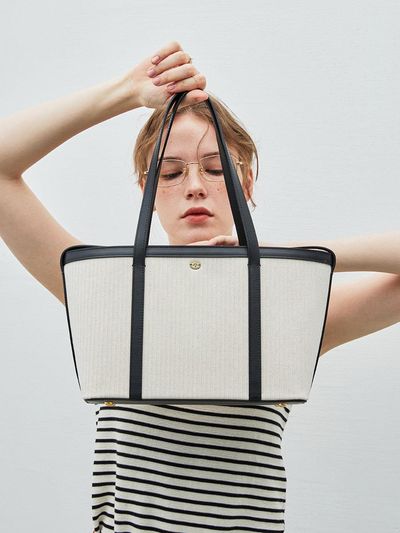 MONSAC Mael cowhide canvas shoulder bag beige&black