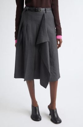 MONSE MONSE Pleated Asymmetrical Wool Blend Wrap Midi Skirt