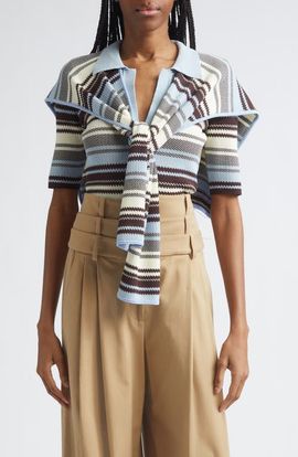 MONSE MONSE Stripe Jacquard Polo Sweater with Shoulder Wrap