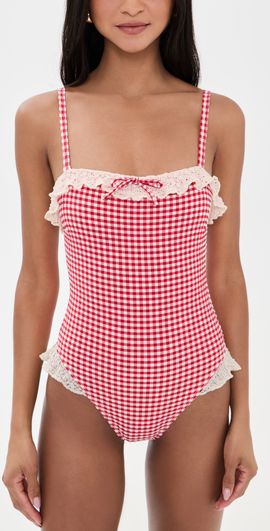Montce Montce Micro Gingham Jacelyn Ruffle One Piece Red Micro Gingham