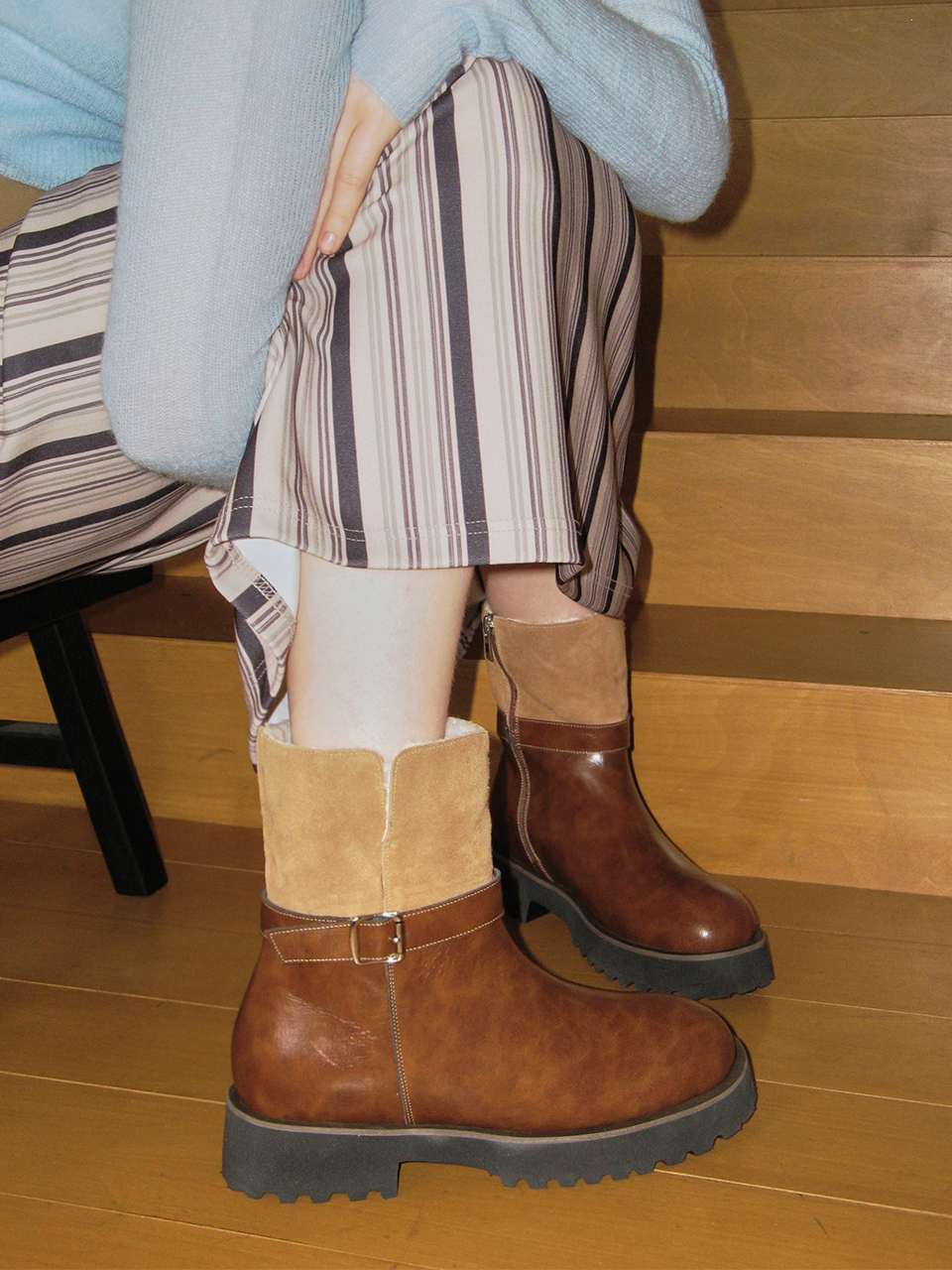 MOODNIGHT Kale Tone On Tone Belted Shearling Ankle Boots