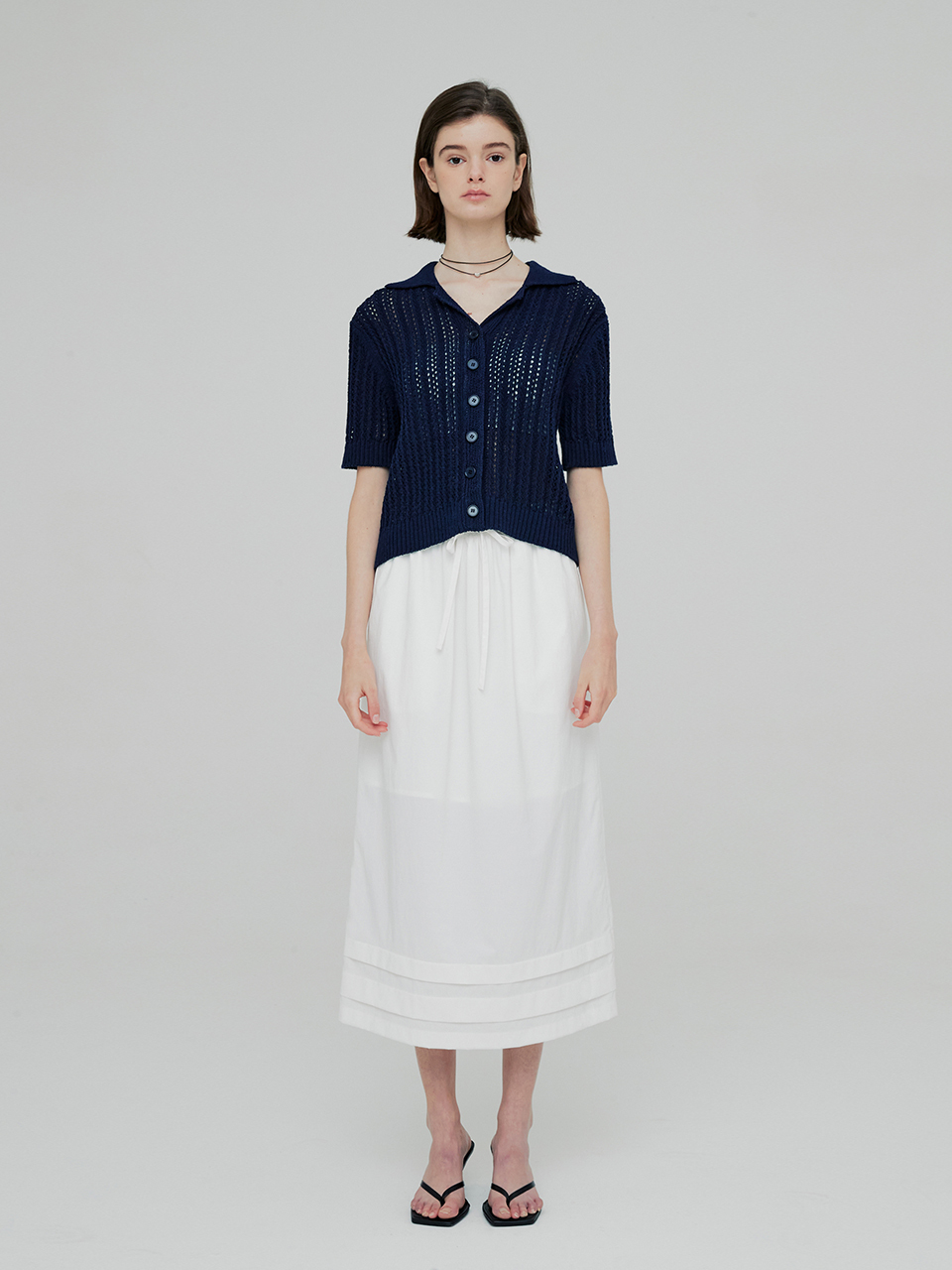 MOON J Eyelet Rib Knit Cardigan - Navy