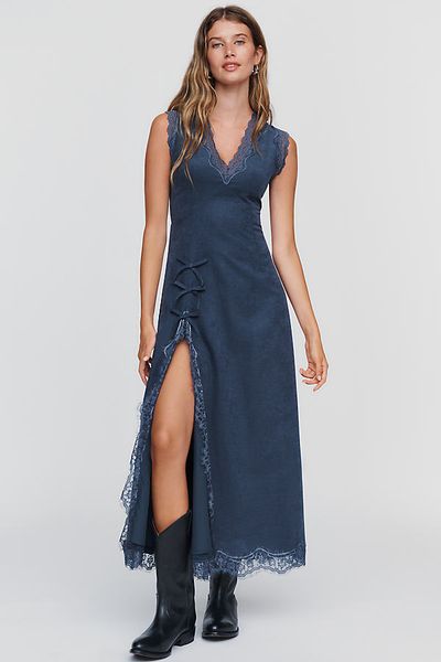 Moon River Faux-Suede Lace-Trim Midi Dress