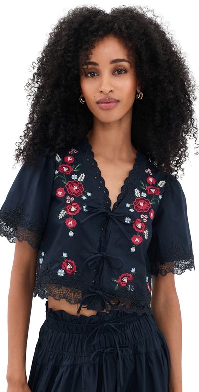 Moon River Moon River Embroidered Floral Tie Front Blouse Navy