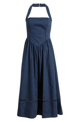 Moon River - Square Neckline Top Mixed Media Midi Dress Khaki