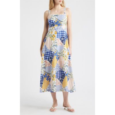 MOON RIVER MOON RIVER Patchwork Print Cotton Midi Dress