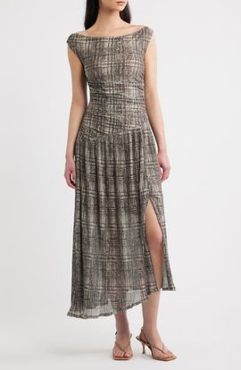 MOON RIVER MOON RIVER Plaid Mesh Pleated Midi Dress