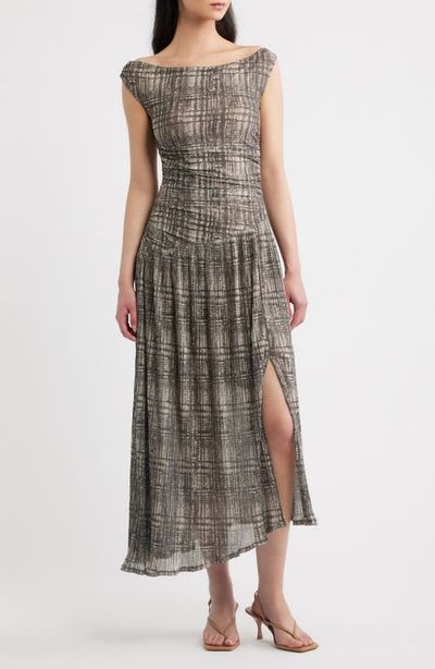 MOON RIVER MOON RIVER Plaid Mesh Pleated Midi Dress