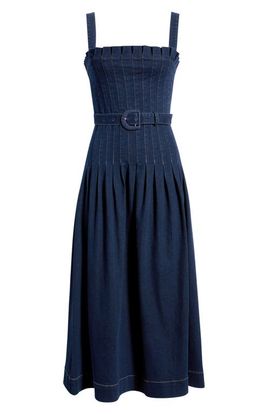 Moon River - Square Neckline Top Mixed Media Midi Dress Khaki