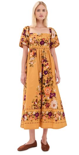 Moon River Moon River Puff Sleeve Square Neck Midi Dress Mustard Multi