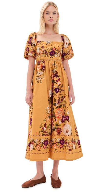Moon River Moon River Puff Sleeve Square Neck Midi Dress Mustard Multi