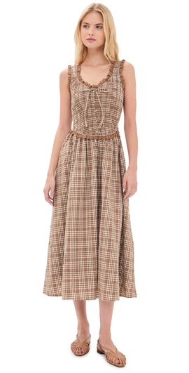 Moon River Moon River Smocked Lace Insert Midi Dress Camel Multi