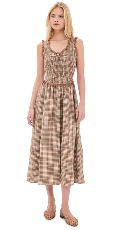 Moon River Moon River Smocked Lace Insert Midi Dress Camel Multi