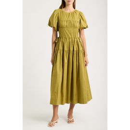 MOON RIVER MOON RIVER Smocked Puff Sleeve Midi Dress