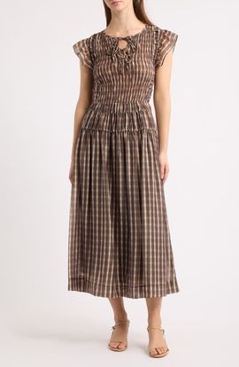 MOON RIVER MOON RIVER Smocked Tie Front Midi Dress