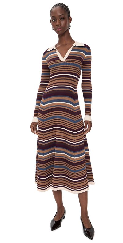 Moon River Moon River Stripe Collared Long Sleeve Dress Cream Multi
