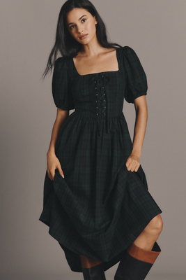 Moon River - Short-Sleeve Square-Neck Lace-Up Midi Dress