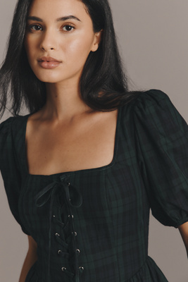 Moon River - Short-Sleeve Square-Neck Lace-Up Midi Dress