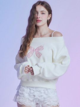 MOONFAIRY Ribbon Off-Shoulder Fleece-Lined Sweatshirt [Cream]