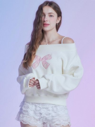 MOONFAIRY Ribbon Off-Shoulder Fleece-Lined Sweatshirt [Cream]