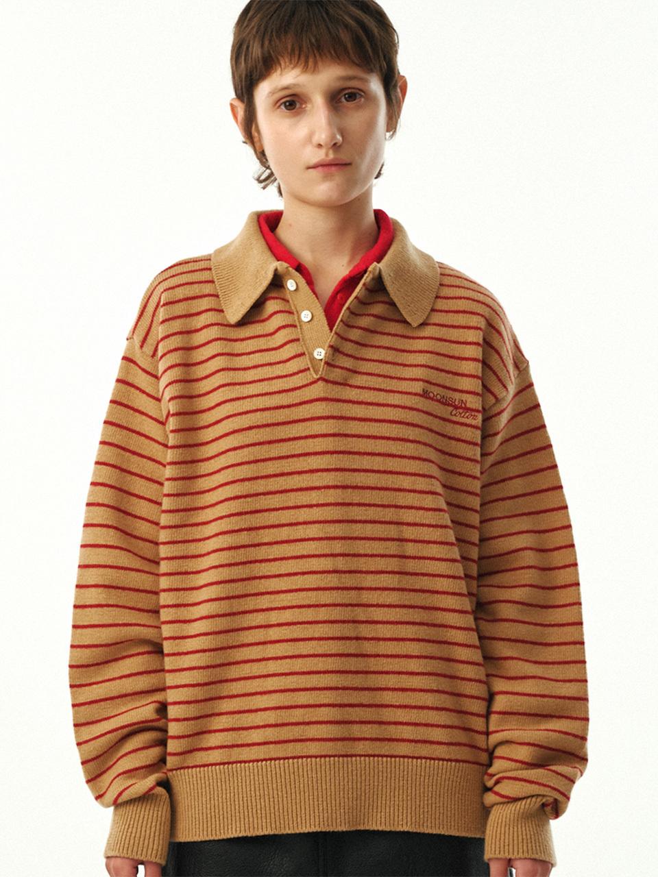 MOONSUN 02 M. C UNISEX, Stripe Wool Collar Knit / Beige