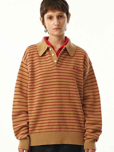 MOONSUN 02 M. C UNISEX, Stripe Wool Collar Knit / Beige
