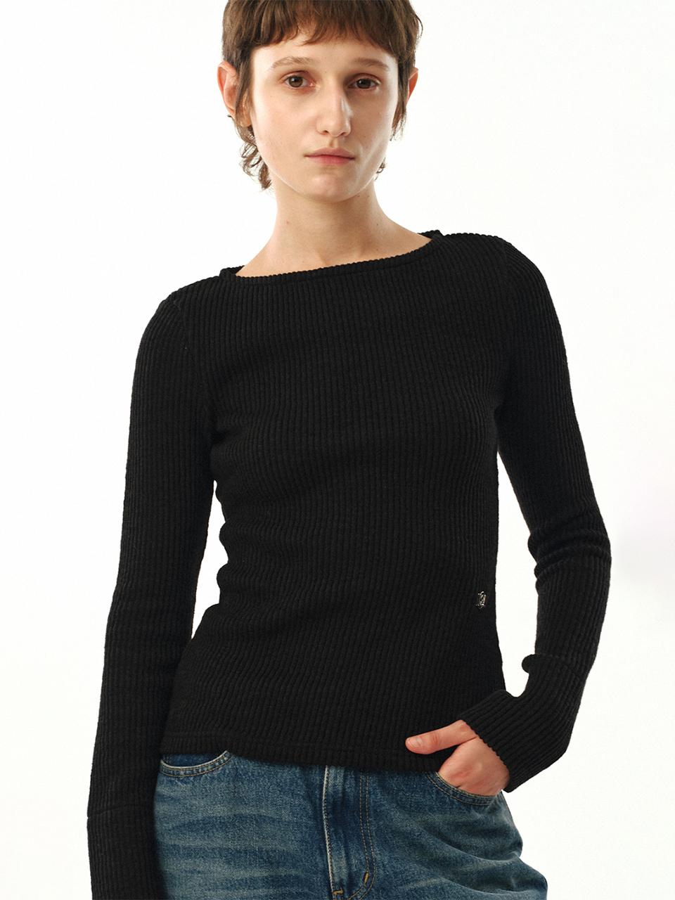 MOONSUN Boat Neck Ribbed Jersey Top / Black