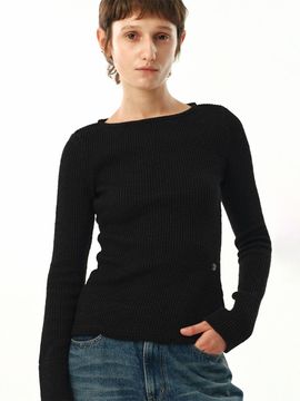MOONSUN Boat Neck Ribbed Jersey Top / Black