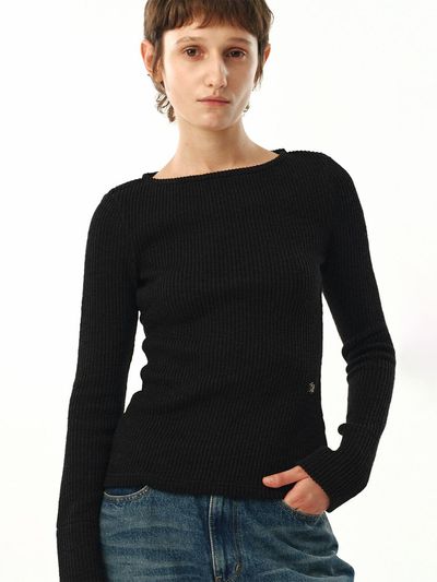 MOONSUN Boat Neck Ribbed Jersey Top / Black
