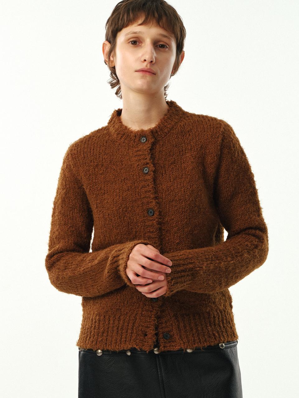 MOONSUN Hairy Round Neck Standard Fit Cardigan [Camel]