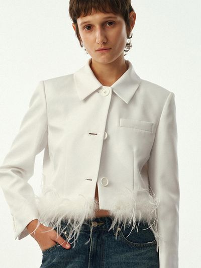 MOONSUN Ostrich Hair Cropped Jacket / White