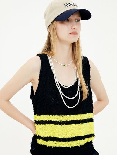 MOONSUN Tail Yarn Stripe Knit Vest (Dark Navy+Yellow)(Women)