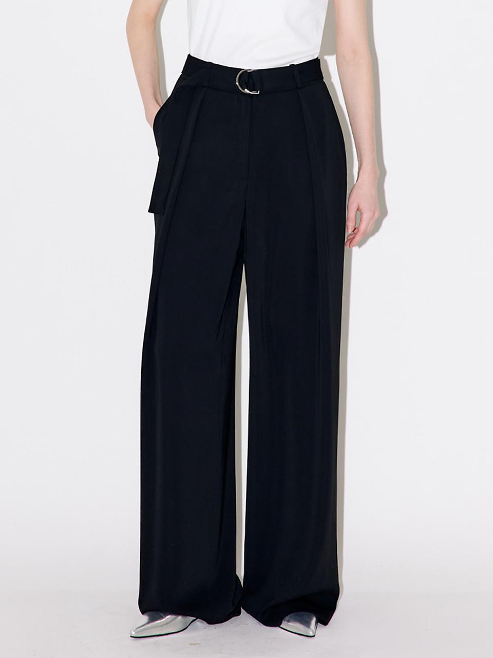 MOONT Belted Wide Pin-tuck Polyester Slacks