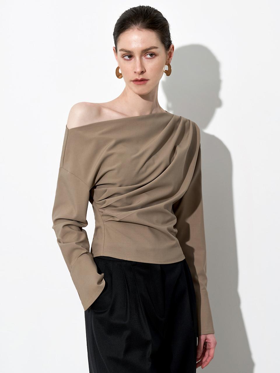 MOONT Boat Neck Draped Shirred Blouse